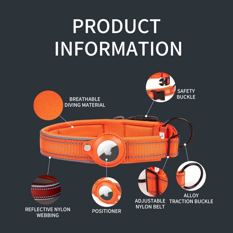 product information of an orange dog collar with apple airtag pocket